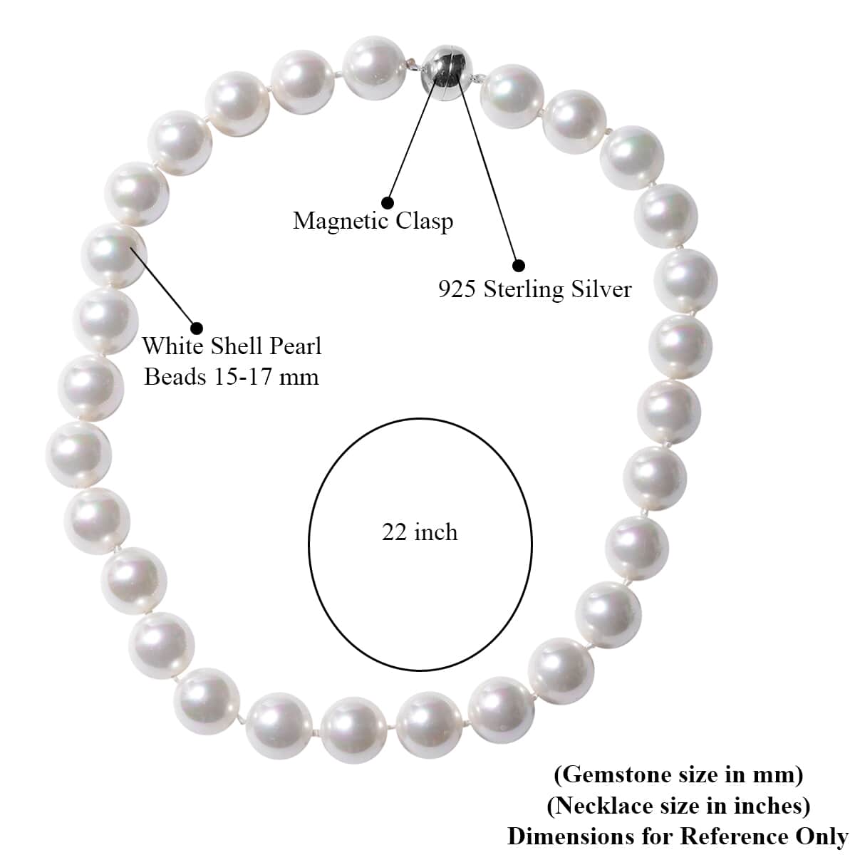 White Shell Pearl Beaded Necklace 22 Inches with Magnetic Lock in Sterling Silver image number 3