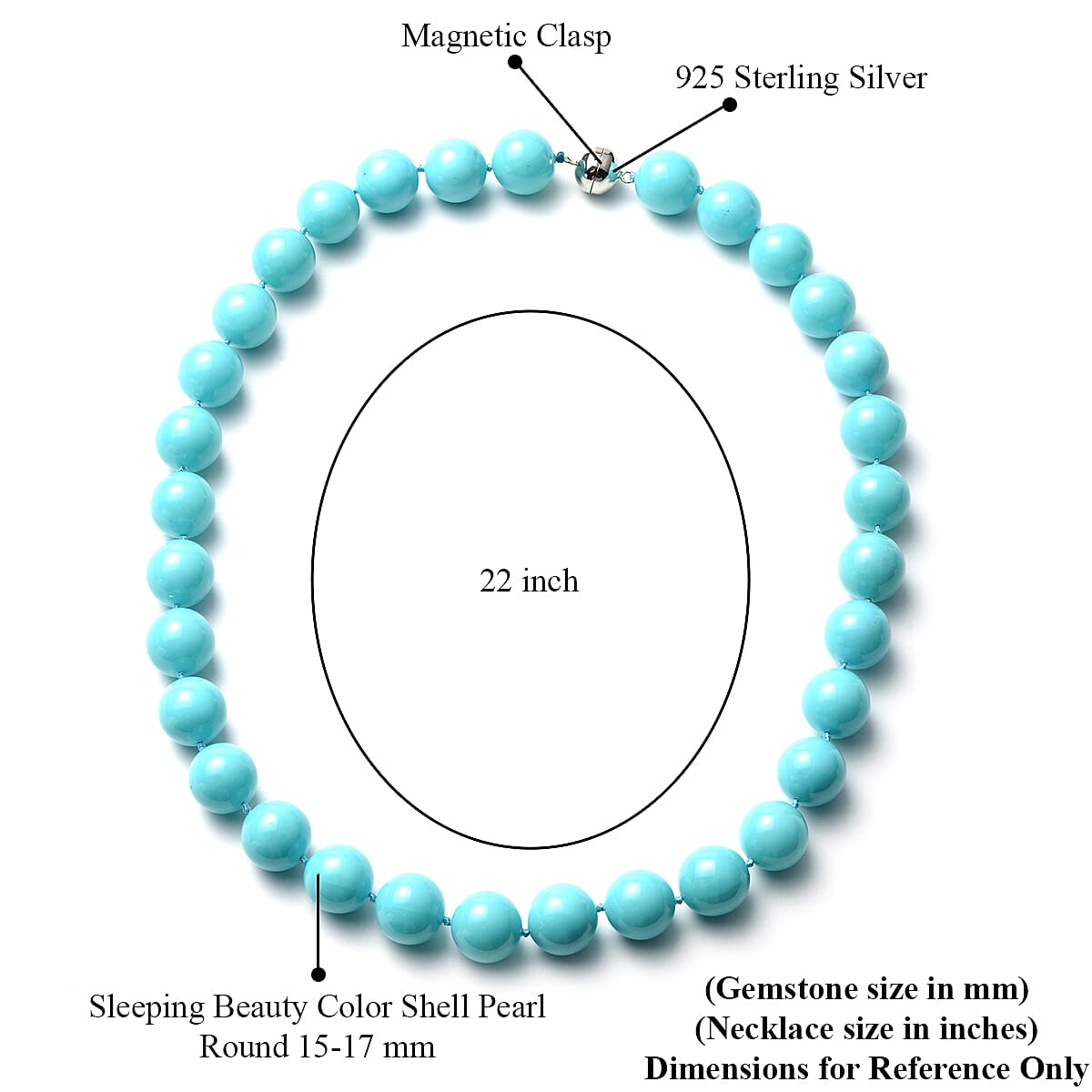 Sleeping Beauty Color Shell Pearl Beaded Necklace 22 Inches With Magnetic Lock in Sterling Silver image number 4