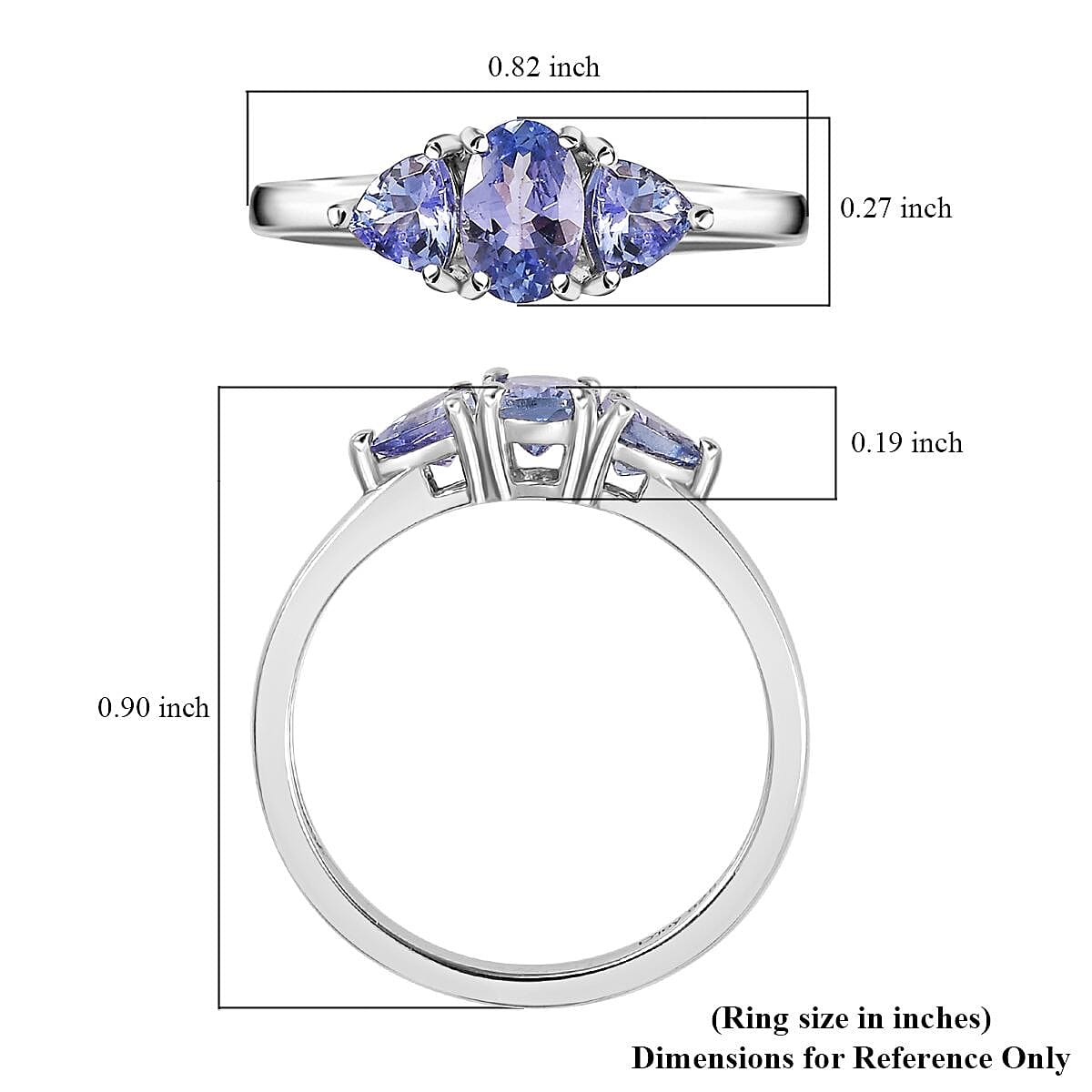 Tanzanite 3 Stone Ring in Platinum Over Sterling Silver (Size 10.0) 0.90 ctw