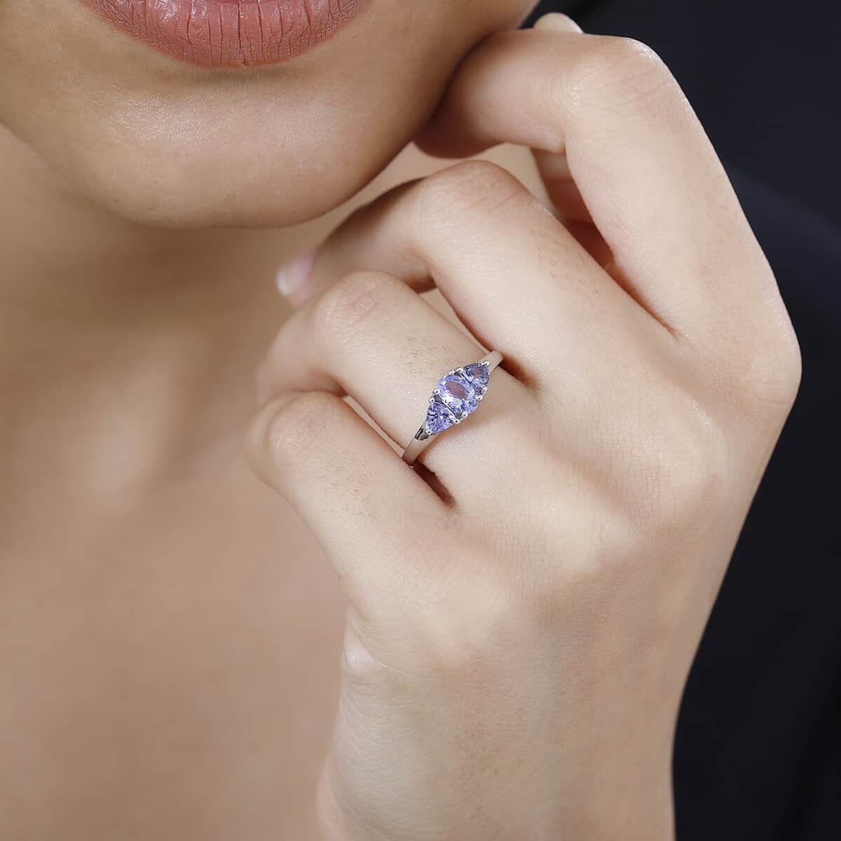 Tanzanite 3 Stone Ring in Platinum Over Sterling Silver (Size 6.0) 0.90 ctw image number 2