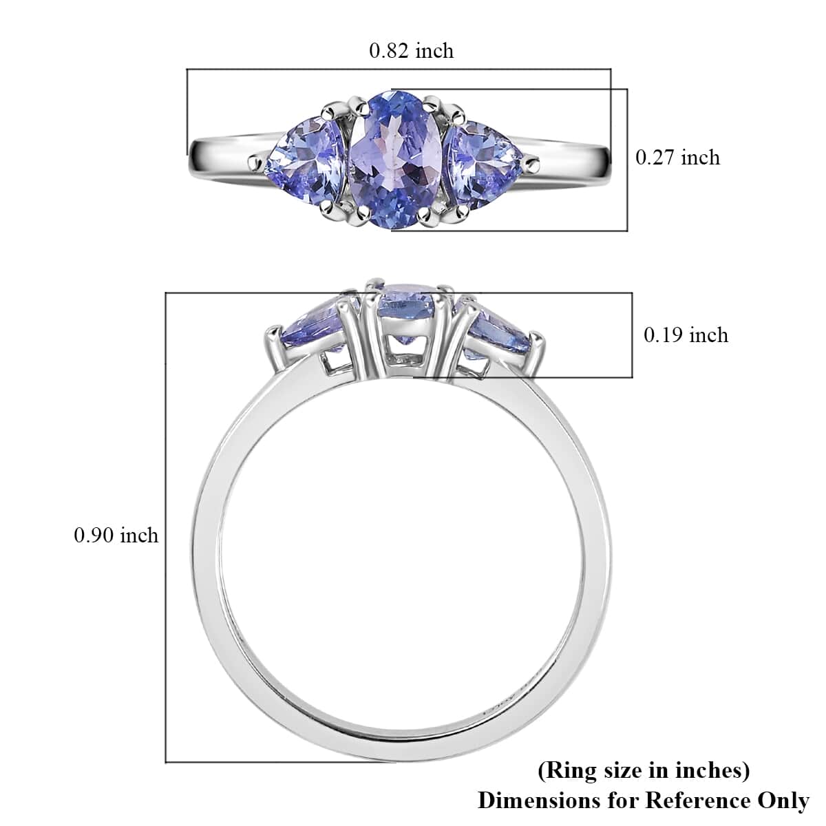 Tanzanite 3 Stone Ring in Platinum Over Sterling Silver (Size 6.0) 0.90 ctw image number 5