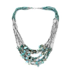 Turquoise Color Seed Beaded Multi Strand Necklace 24 Inches in Silvertone
