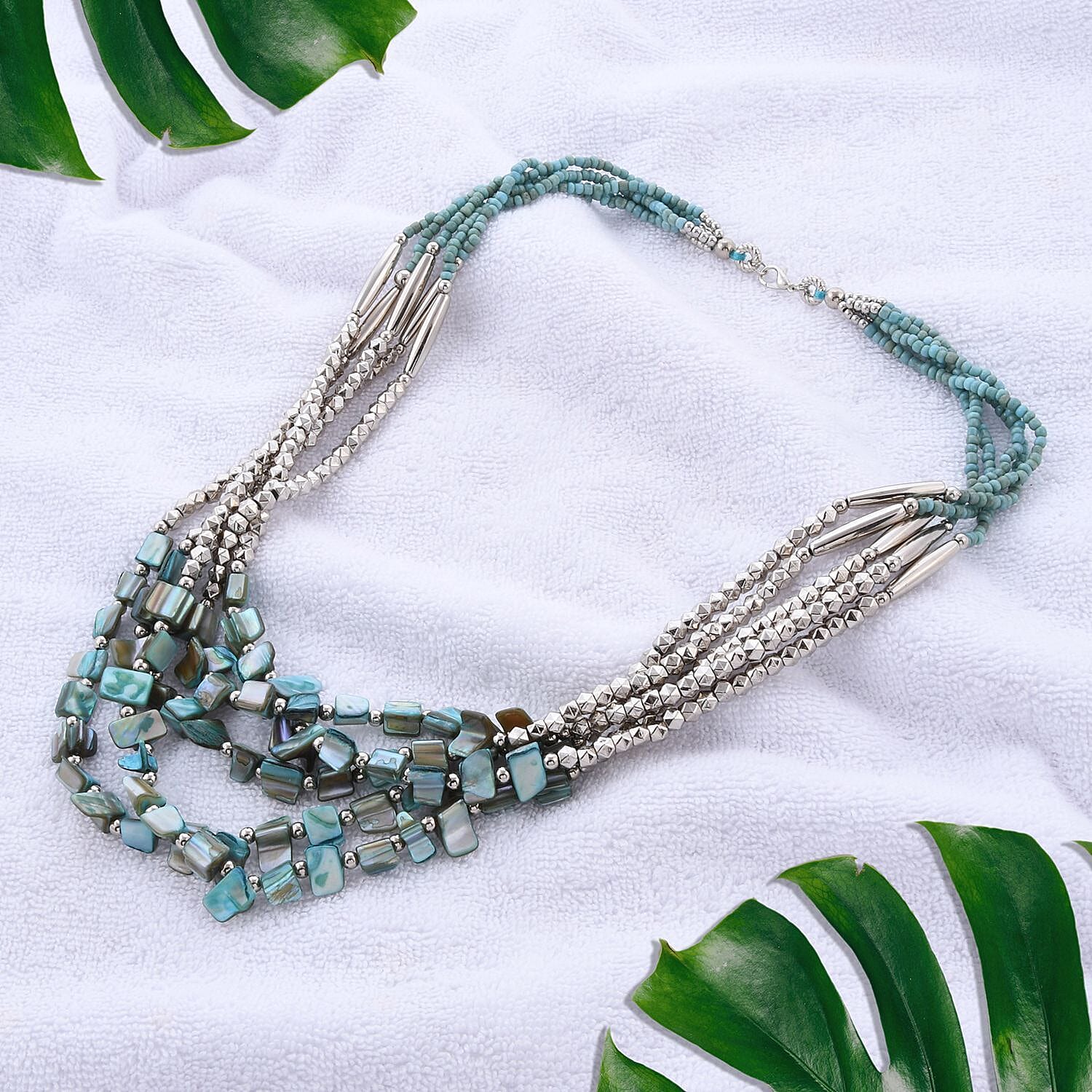 Turquoise Color Seed Beaded Multi Strand Necklace 24 Inches in Silvertone