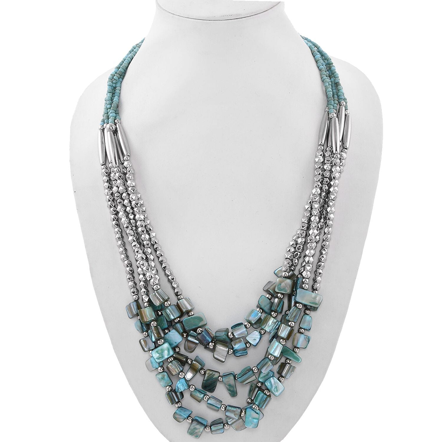 Turquoise Color Seed Beaded Multi Strand Necklace 24 Inches in Silvertone