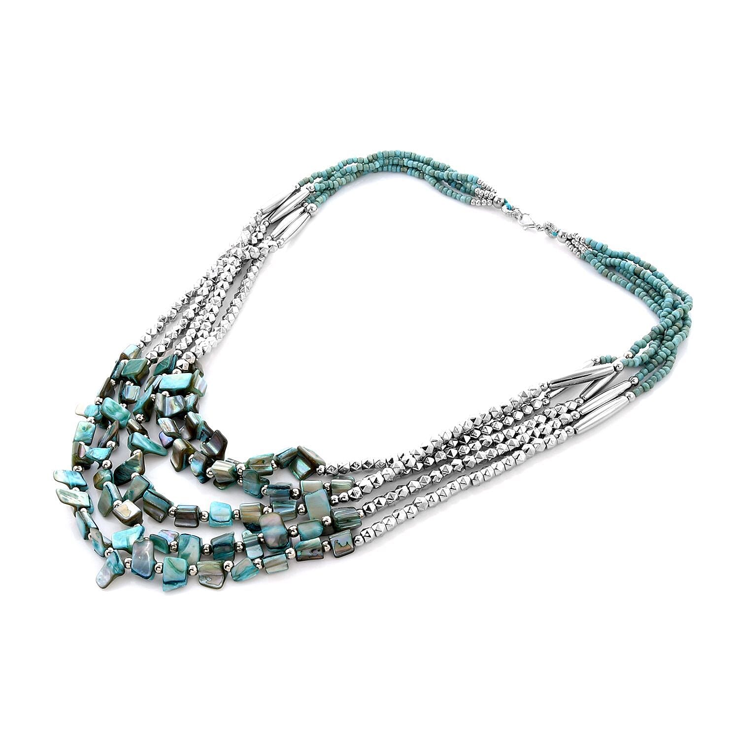 Turquoise Color Seed Beaded Multi Strand Necklace 24 Inches in Silvertone