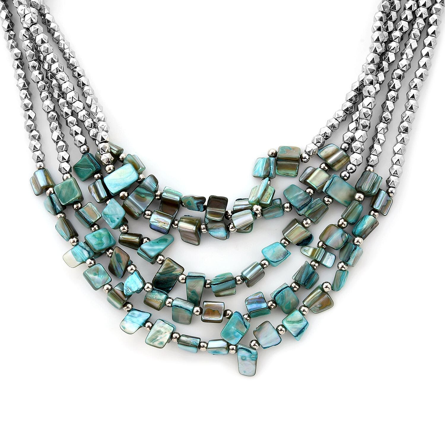 Turquoise Color Seed Beaded Multi Strand Necklace 24 Inches in Silvertone