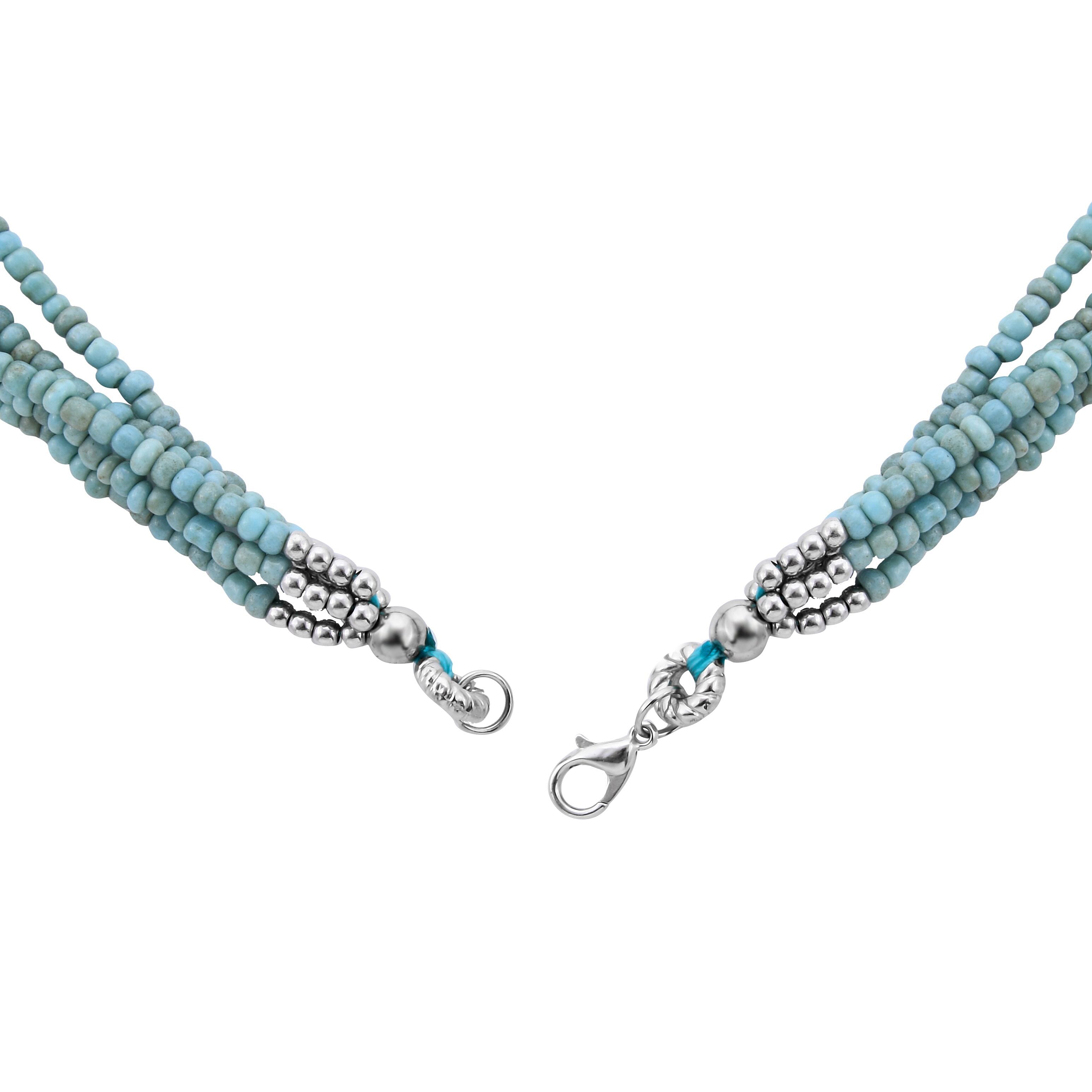 Turquoise Color Seed Beaded Multi Strand Necklace 24 Inches in Silvertone