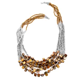 Golden Seed Bead Multi Strand Necklace 24 Inches in Silvertone