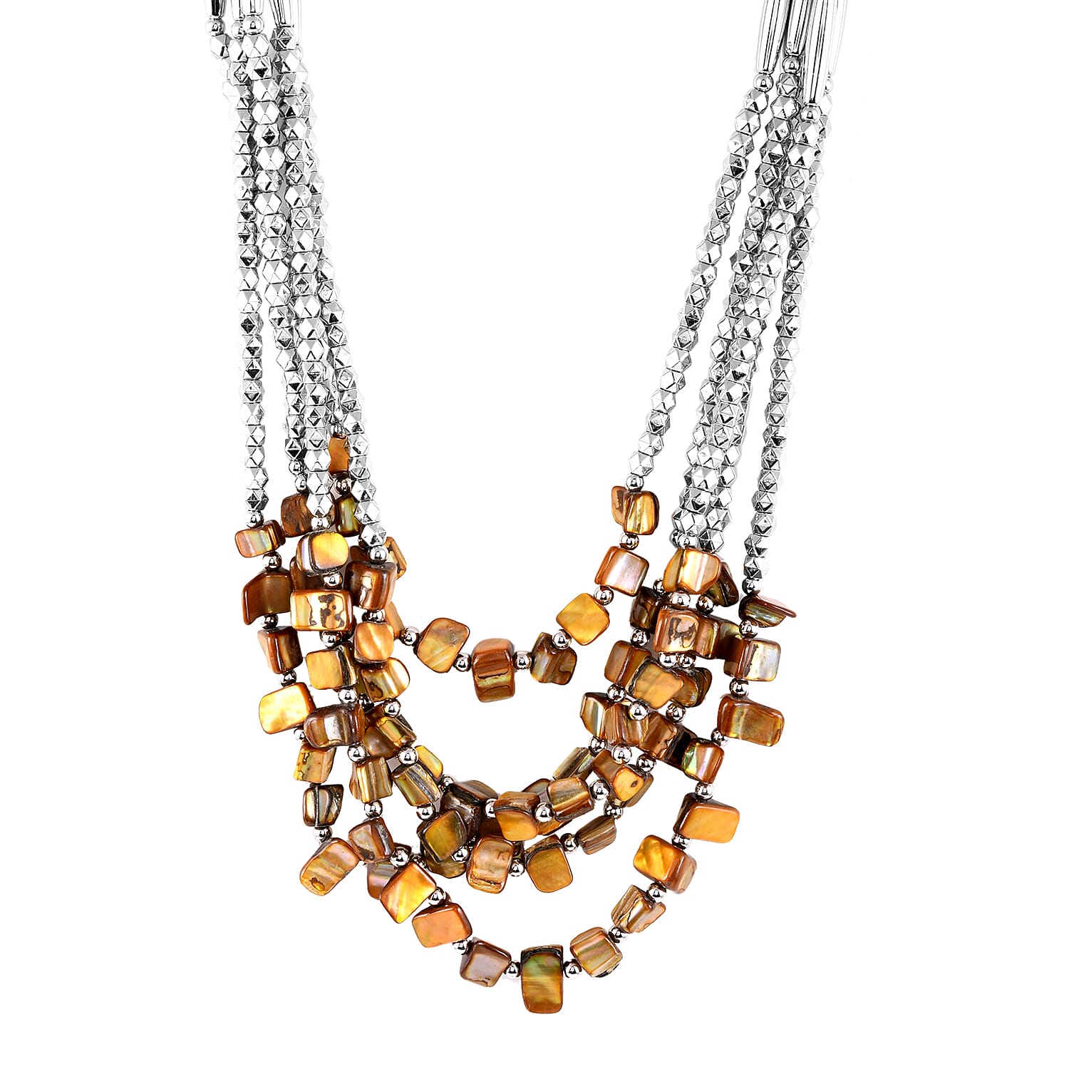 Golden Seed Bead Multi Strand Necklace 24 Inches in Silvertone
