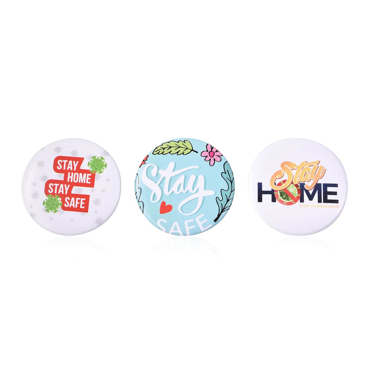 Set of 3 Silvertone Brooches with A Stay Home Stay Safe  Message image number 0