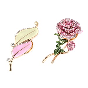 Multi Color Austrian Crystal and Enameled Set of 2 Rose and Autumn Leaf Brooch in Goldtone