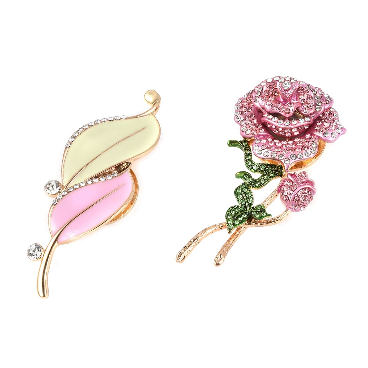 Set of 2 Multi Color Austrian Crystal and Enameled Rose and Autumn Leaf Magnetic Brooches in Goldtone image number 0