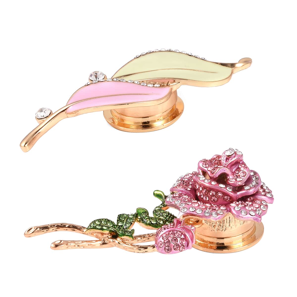 Set of 2 Multi Color Austrian Crystal and Enameled Rose and Autumn Leaf Magnetic Brooches in Goldtone image number 2