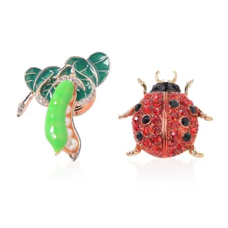 Multi Color Austrian Crystal and Simulated Pearl, Enameled Set of 2 Peapod and Ladybug Magnetic Brooch in Goldtone image number 0