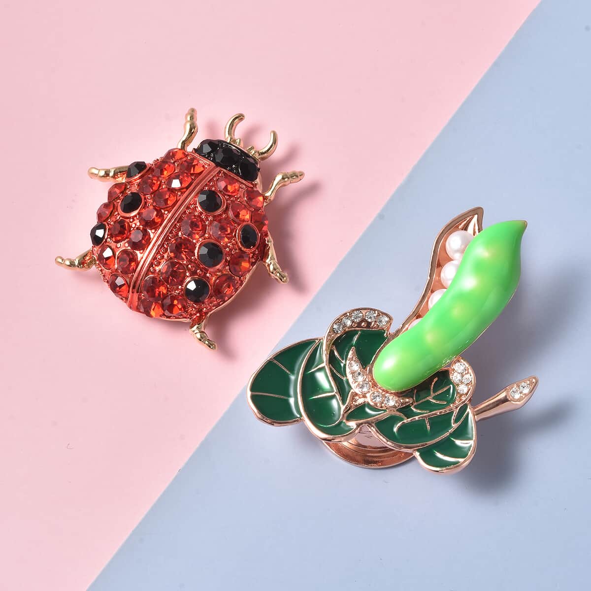 Multi Color Austrian Crystal and Simulated Pearl, Enameled Set of 2 Peapod and Ladybug Magnetic Brooch in Goldtone image number 1