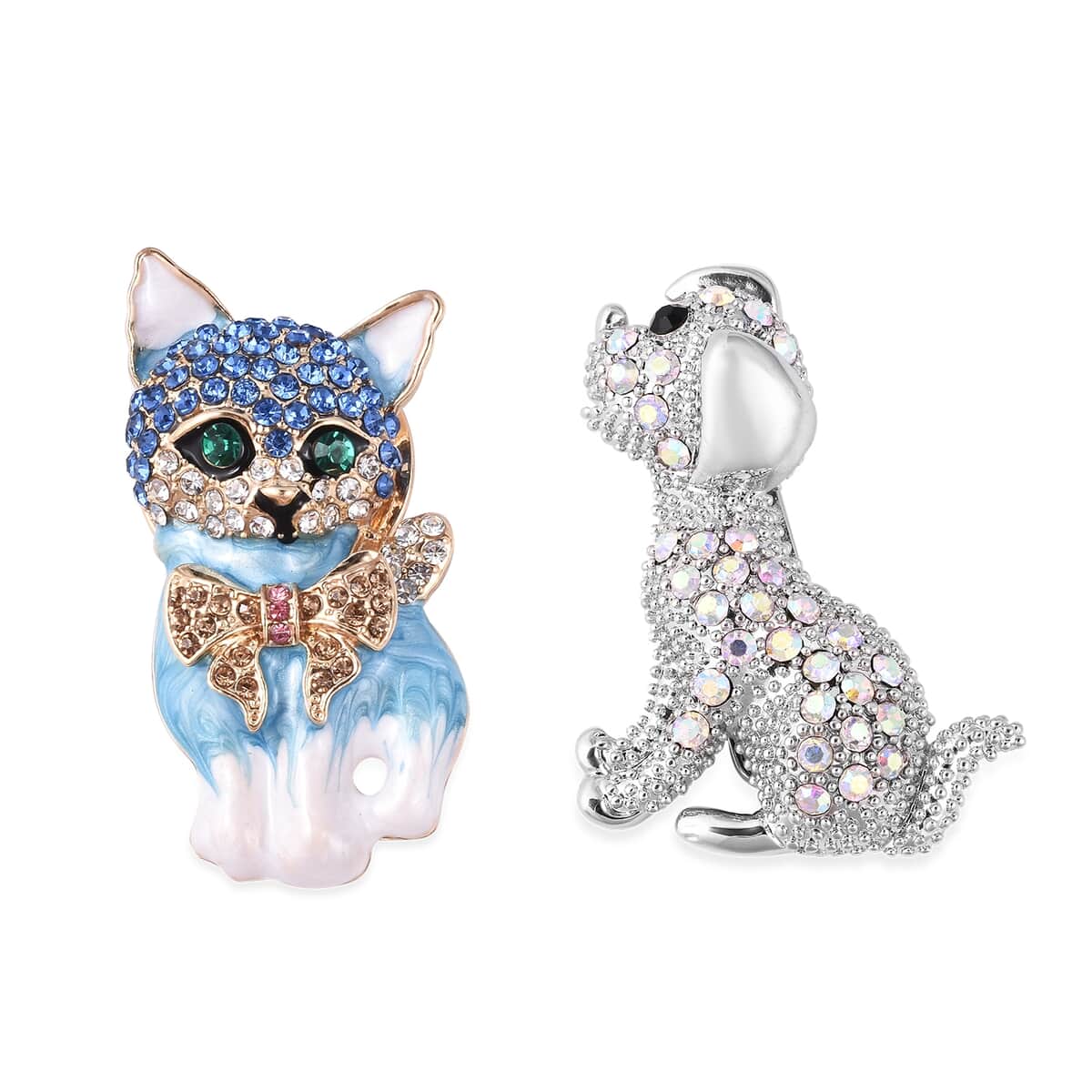 Simulated Mystic White Crystal and Multi Color Austrian Crystal Enameled Set of 2 Dog and Cat Brooch in Dualtone image number 0