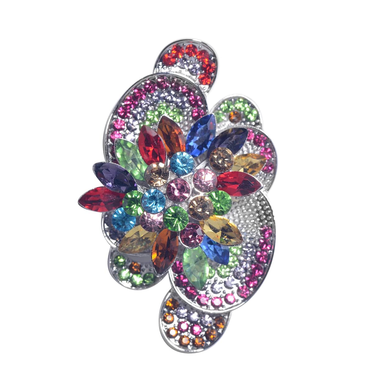 Multi Color Austrian Crystal and Multi Color Glass Set of 2 Heart and Cluster Brooch in Goldtone image number 3
