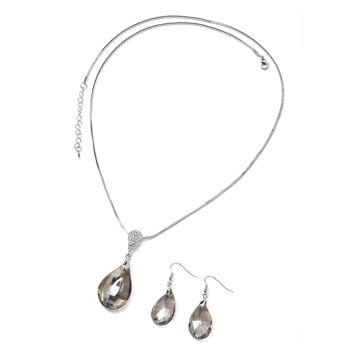 Simulated Gray Topaz and White Austrian Crystal Drop Earrings and Necklace 29 Inches in Silvertone & Stainless Steel image number 0