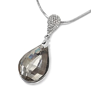 Simulated Gray Topaz and White Austrian Crystal Drop Earrings and Necklace 29 Inches in Silvertone & Stainless Steel