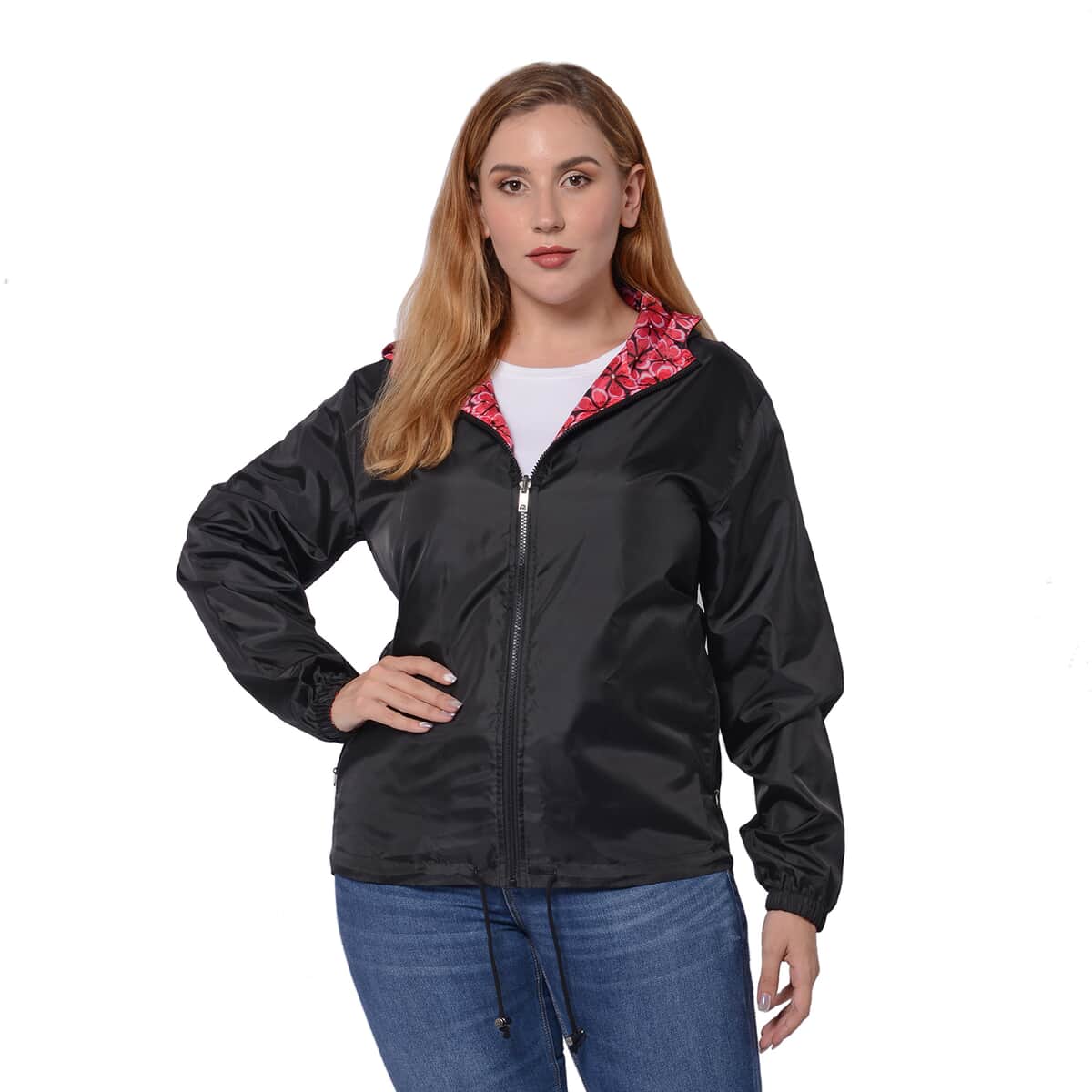 Black, Pink Floral Print Weather Resistant Packable and Reversible Jacket (L) image number 0