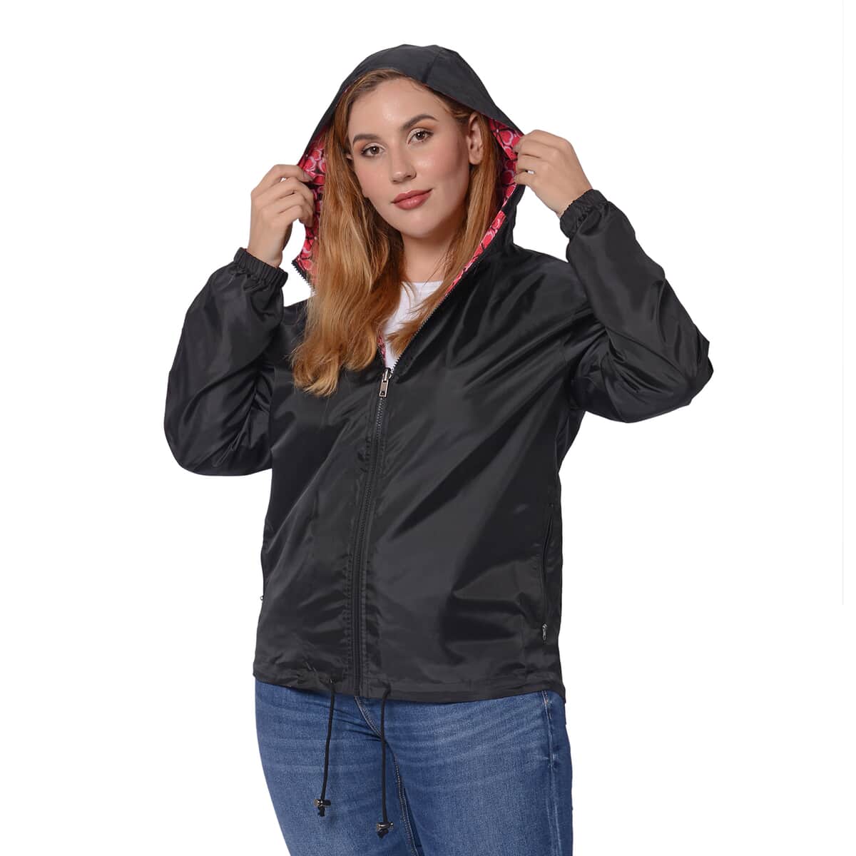 Black, Pink Floral Print Weather Resistant Packable and Reversible Jacket (L) image number 1