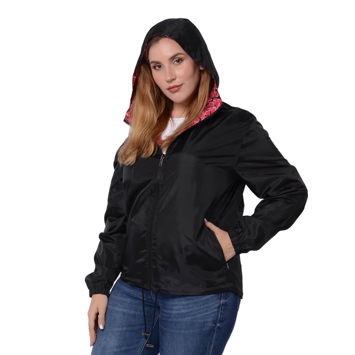 Black, Pink Floral Print Weather Resistant Packable and Reversible Jacket (L) image number 2