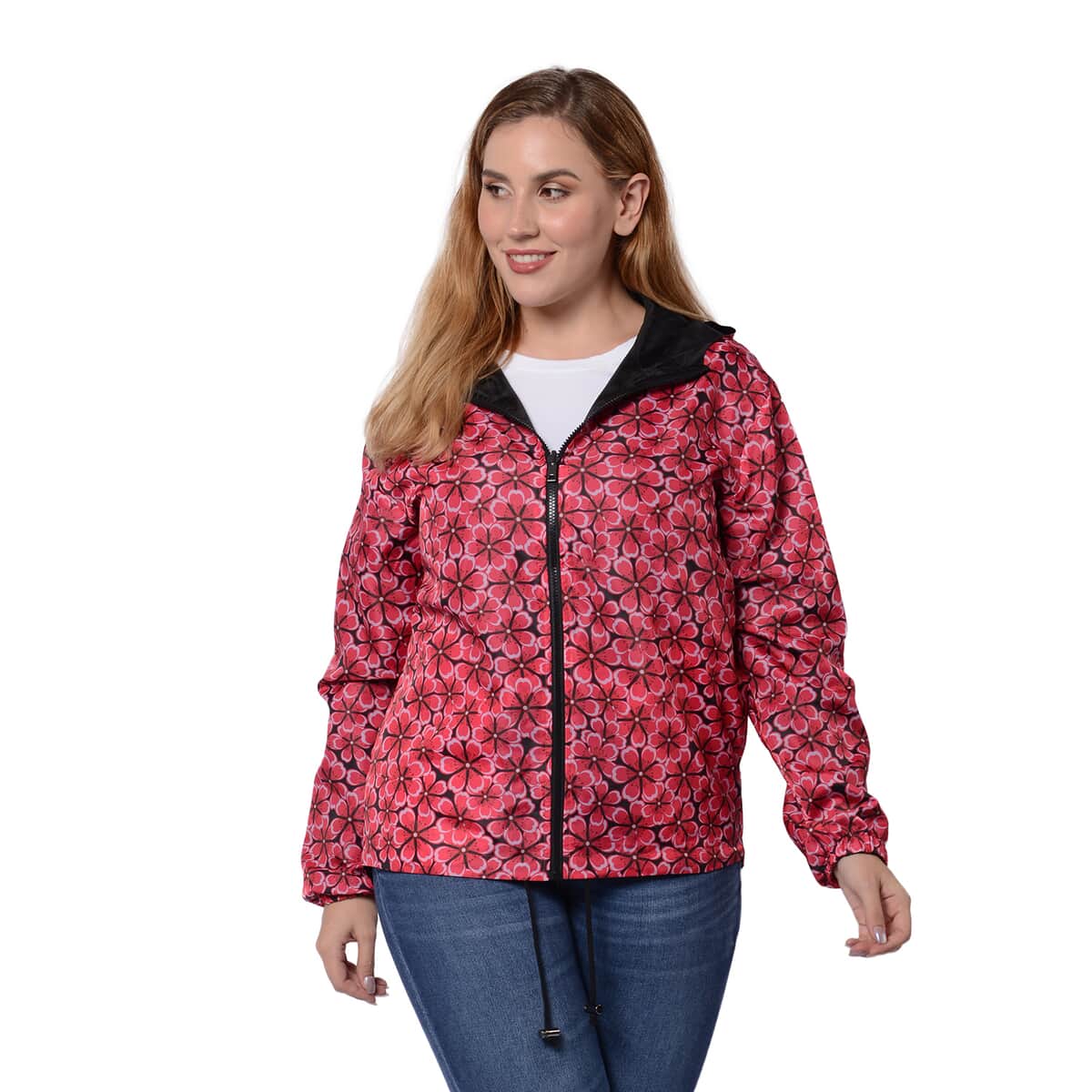 Black, Pink Floral Print Weather Resistant Packable and Reversible Jacket (L) image number 4