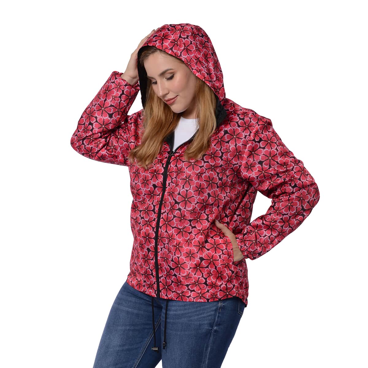 Black, Pink Floral Print Weather Resistant Packable and Reversible Jacket (L) image number 5