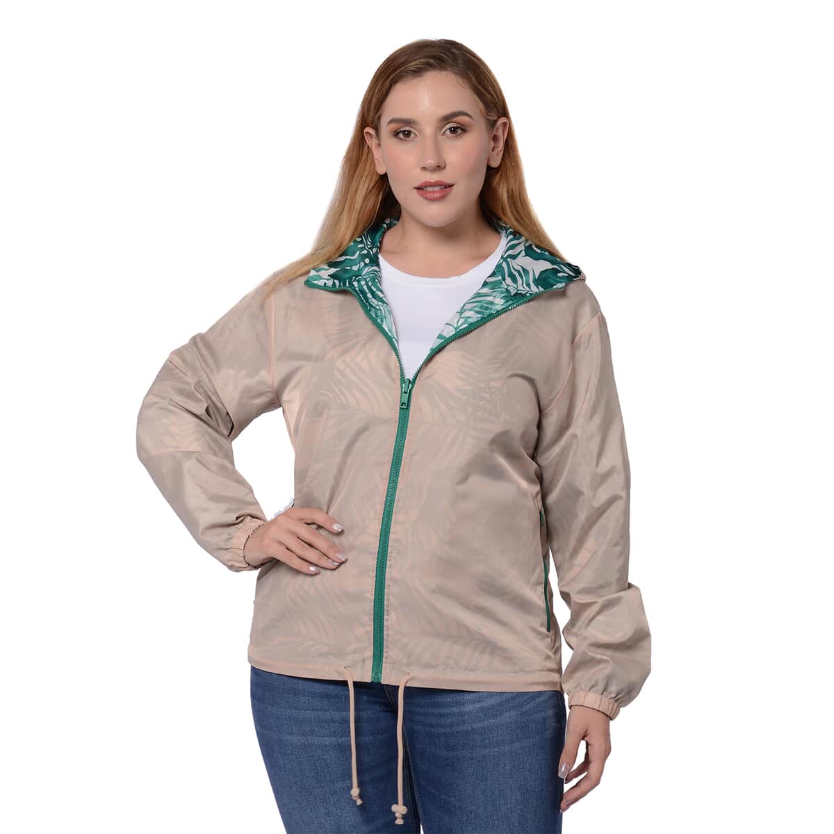 Beige, Green Tropical Palm Print Weather Resistant Packable and Reversible Jacket (L) image number 0