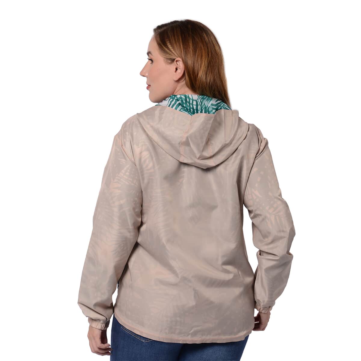Beige, Green Tropical Palm Print Weather Resistant Packable and Reversible Jacket (L) image number 1