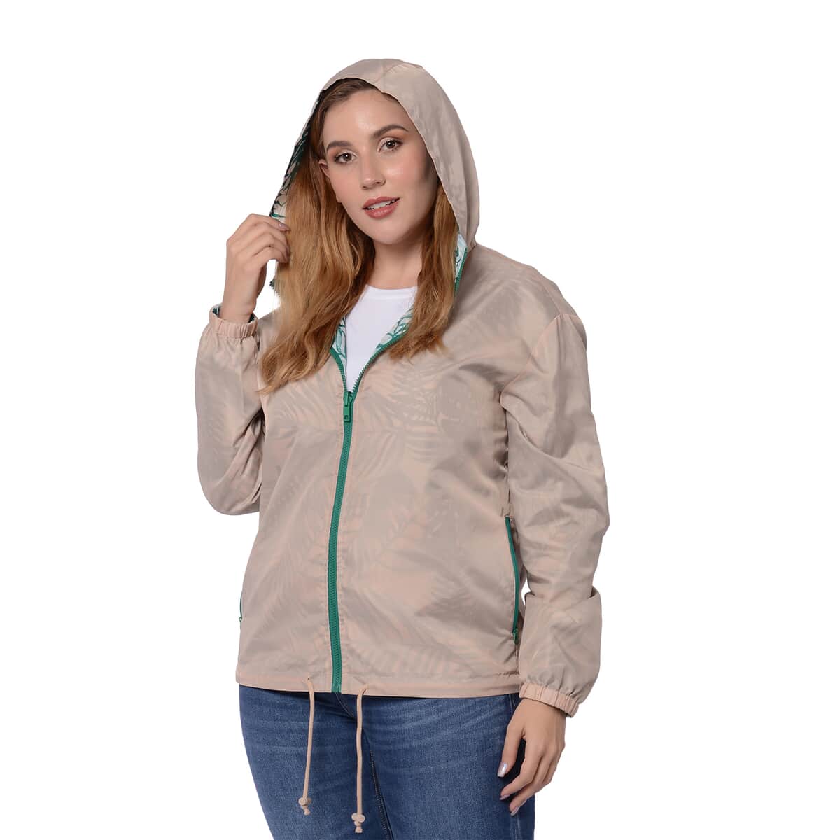 Beige, Green Tropical Palm Print Weather Resistant Packable and Reversible Jacket (L) image number 2