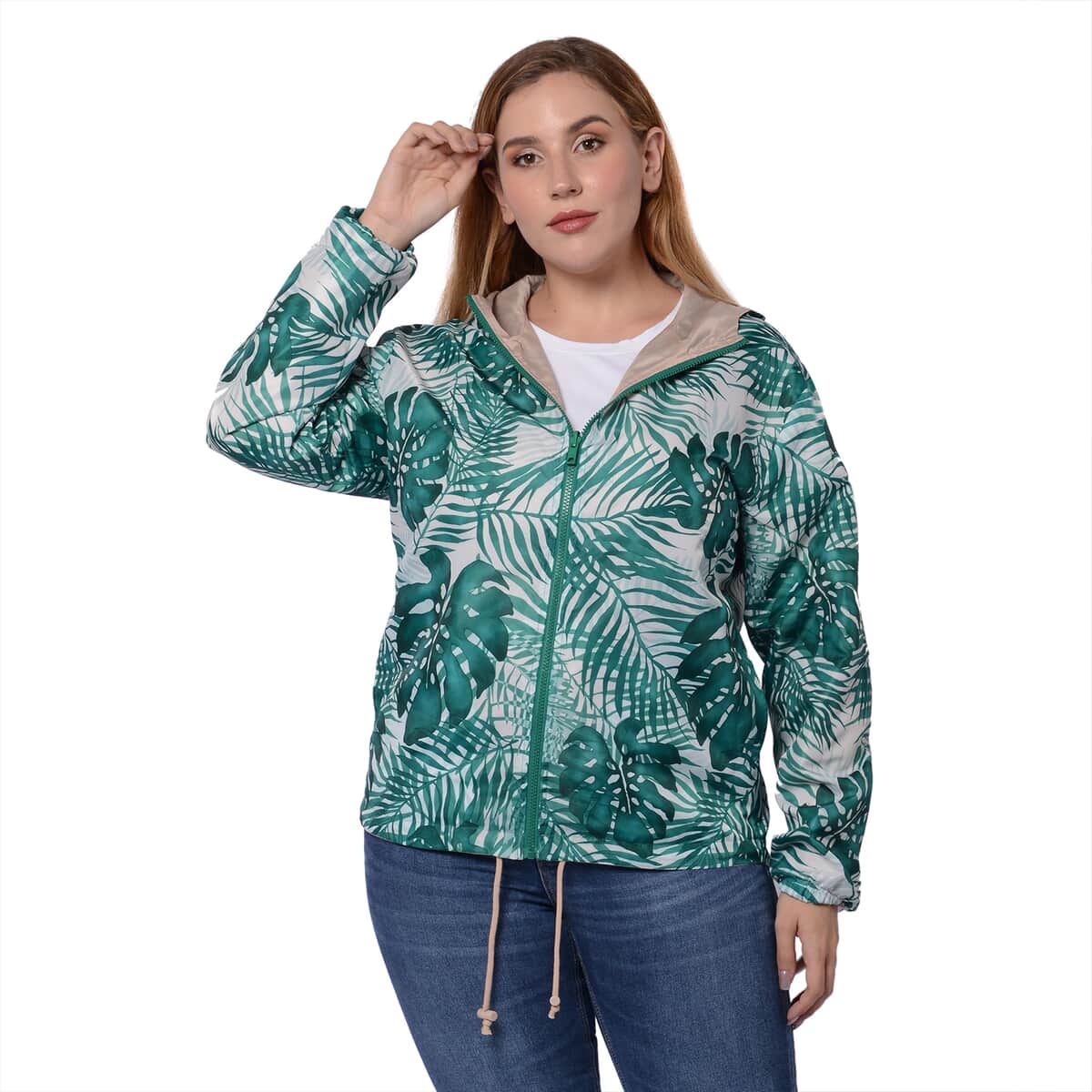 Beige, Green Tropical Palm Print Weather Resistant Packable and Reversible Jacket (L) image number 3