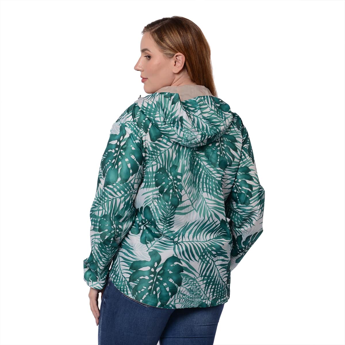 Beige, Green Tropical Palm Print Weather Resistant Packable and Reversible Jacket (L) image number 4