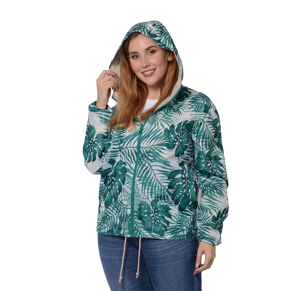 Beige, Green Tropical Palm Print Weather Resistant Packable and Reversible Jacket (L) image number 5