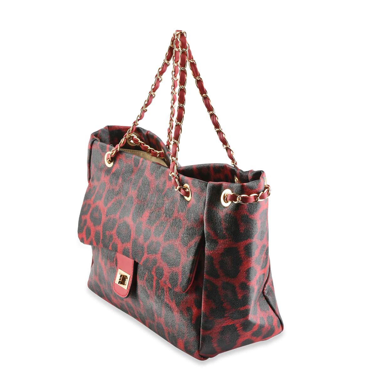 Red, Black Leopard Pattern Faux Leather Satchel Bag image number 1