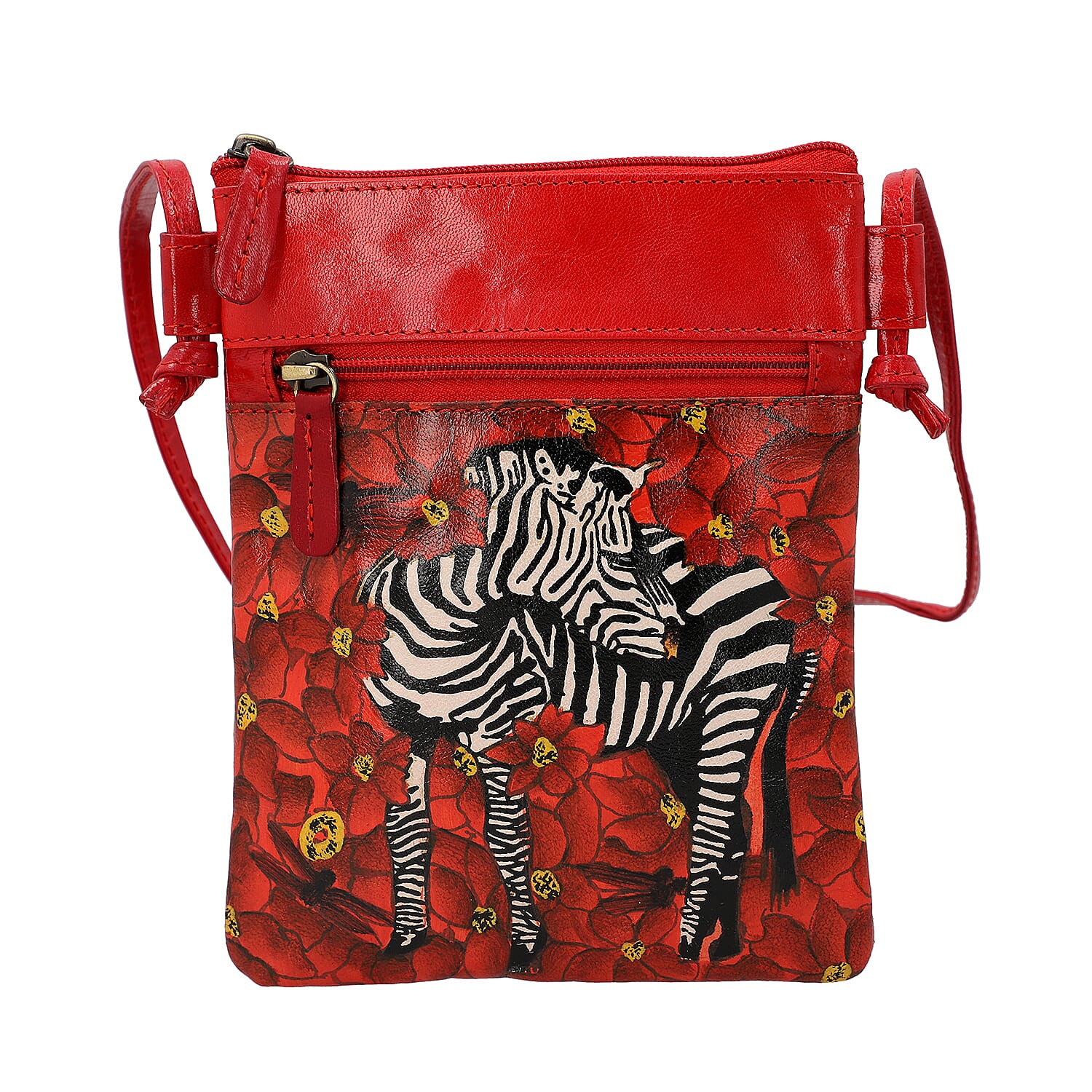VIVID by SUKRITI Red Zebra Pattern Hand Painted Genuine Leather Crossbody Bag