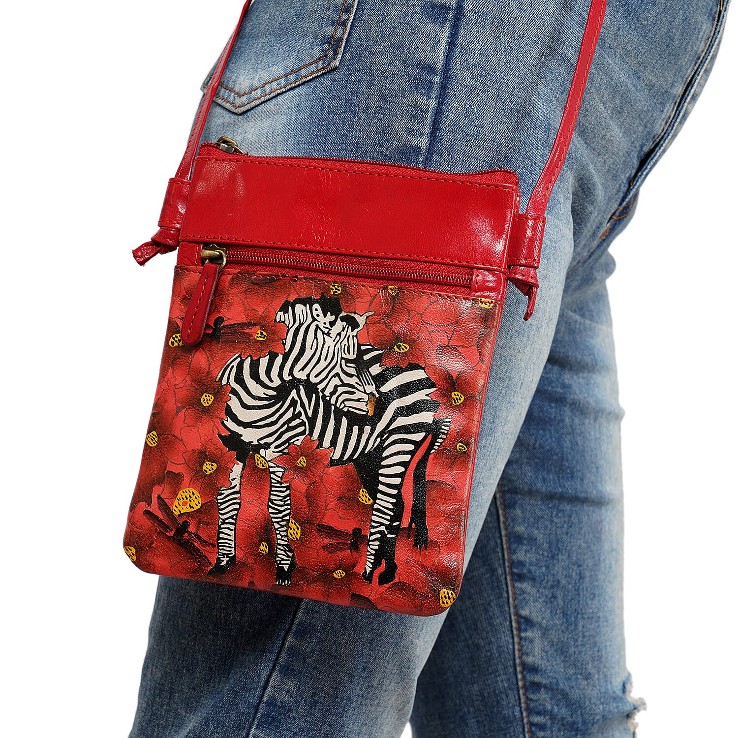 VIVID by SUKRITI Red Zebra Pattern Hand Painted Genuine Leather Crossbody Bag