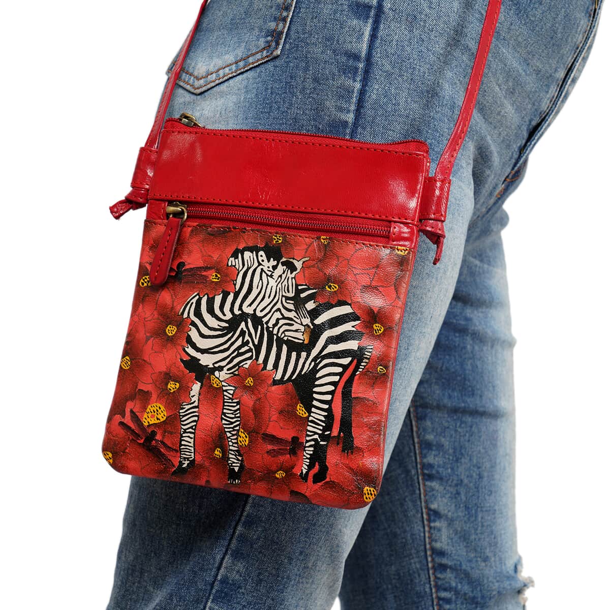 VIVID by SUKRITI Red Zebra Pattern Hand Painted Genuine Leather Crossbody Bag image number 1