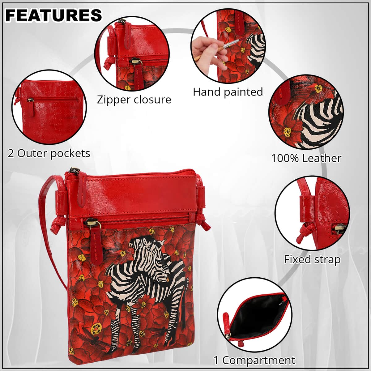 VIVID by SUKRITI Red Zebra Pattern Hand Painted Genuine Leather Crossbody Bag image number 2