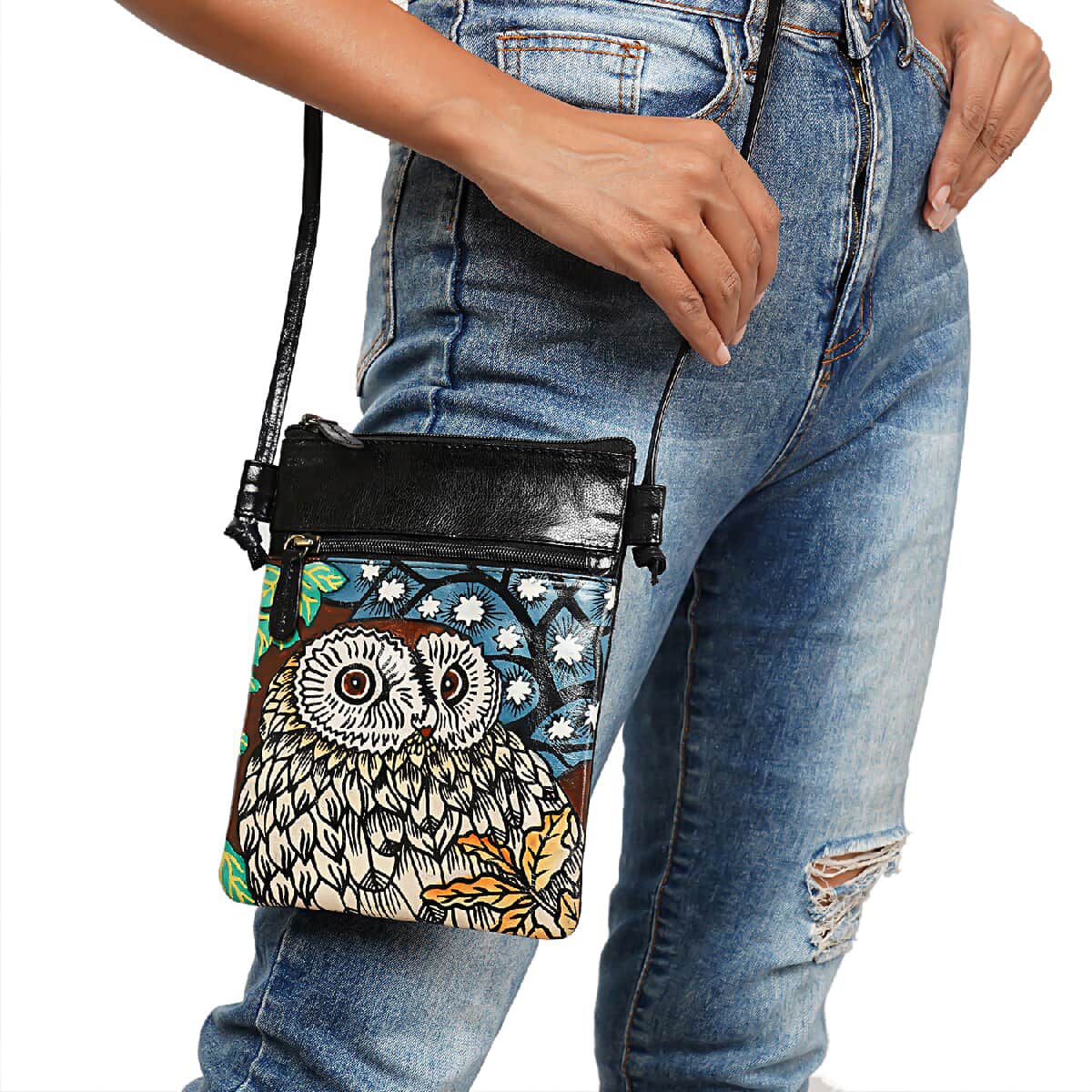 Vivid by Sukriti Black Owl Pattern Hand Painted Genuine Leather Crossbody Bag image number 1