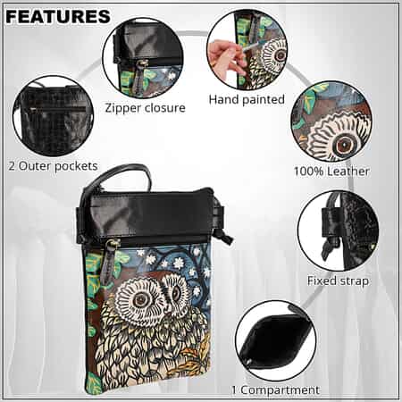 Vivid by Sukriti Black Owl Pattern Hand Painted Genuine Leather Crossbody Bag image number 2