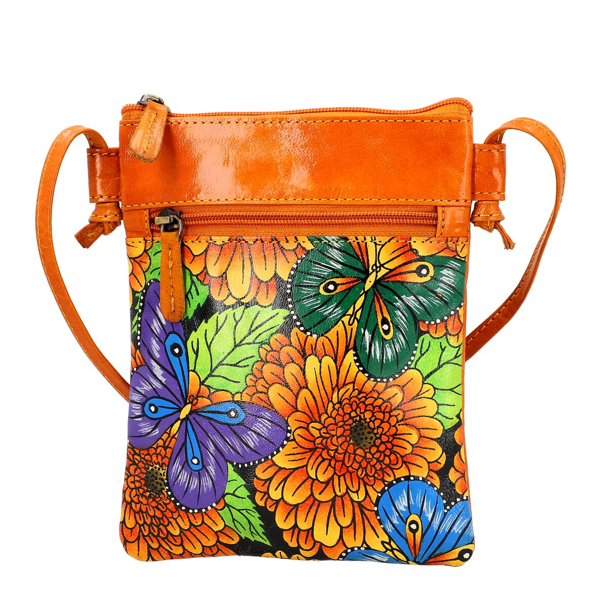 Vivid By Sukriti Mustard Butterfly Pattern Hand Painted Genuine Leather Crossbody Bag image number 0