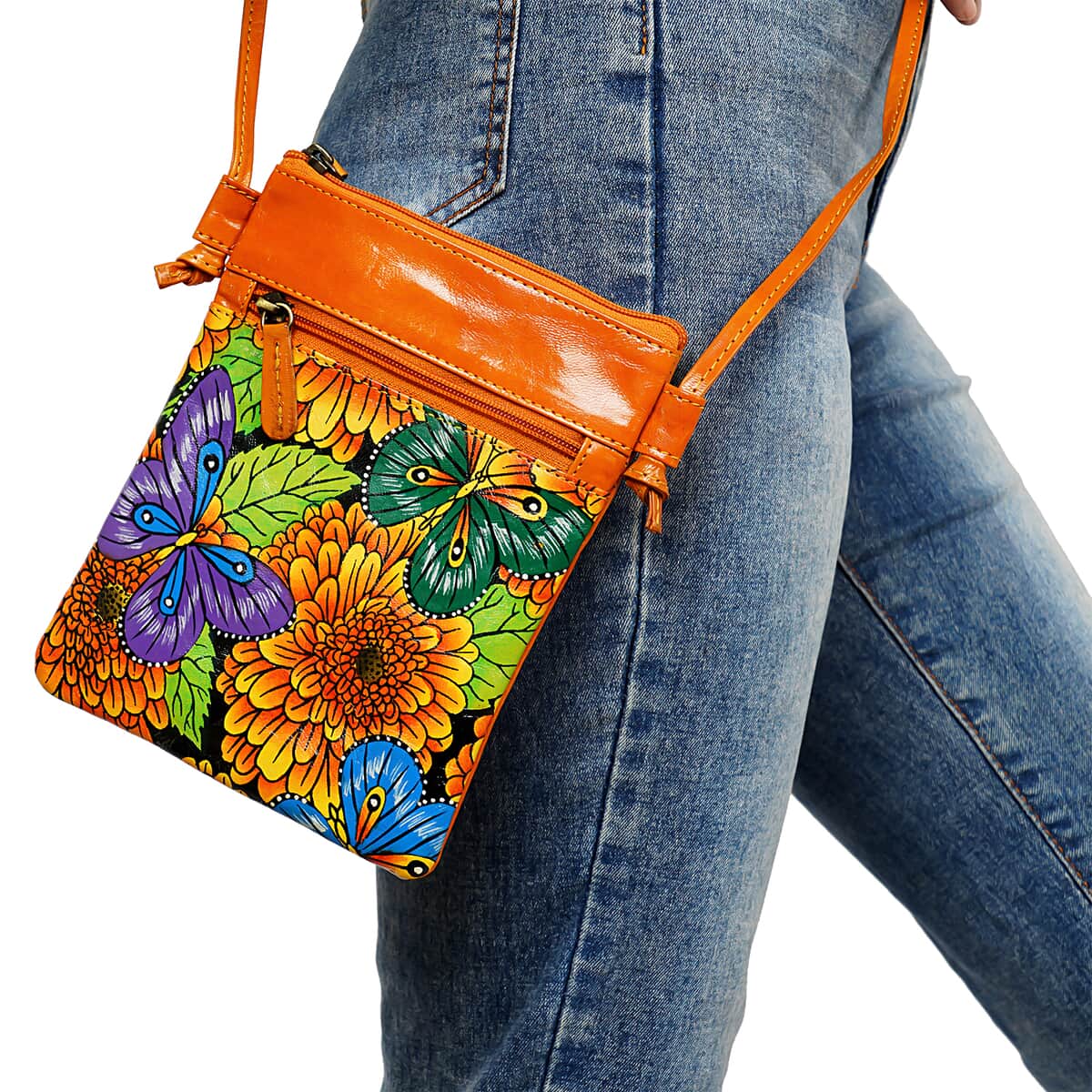 Vivid By Sukriti Mustard Butterfly Pattern Hand Painted Genuine Leather Crossbody Bag image number 1
