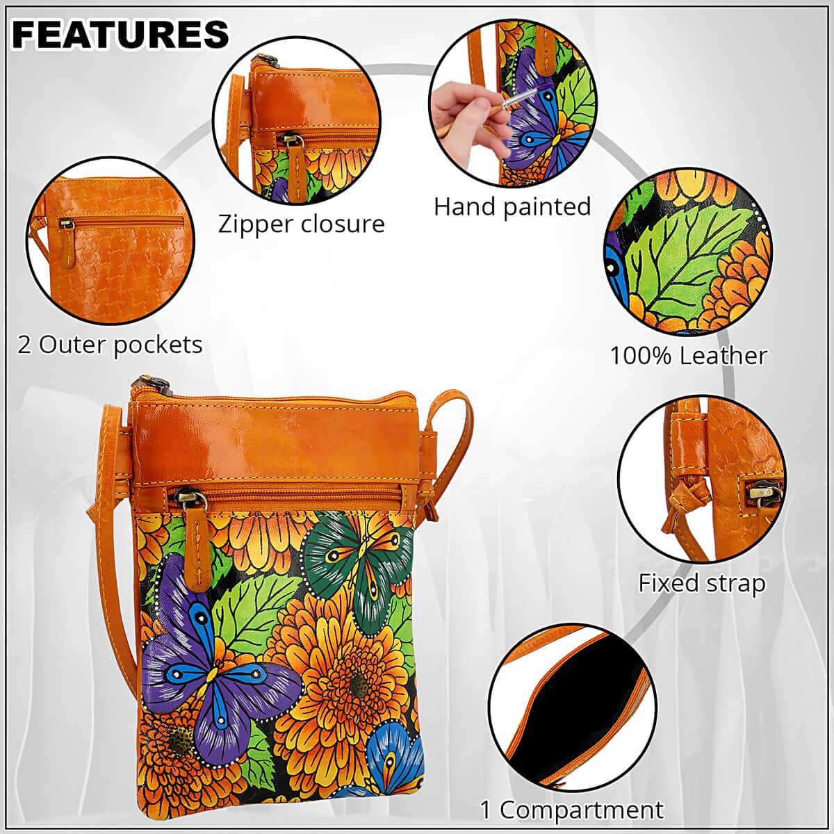 Vivid By Sukriti Mustard Butterfly Pattern Hand Painted Genuine Leather Crossbody Bag image number 2