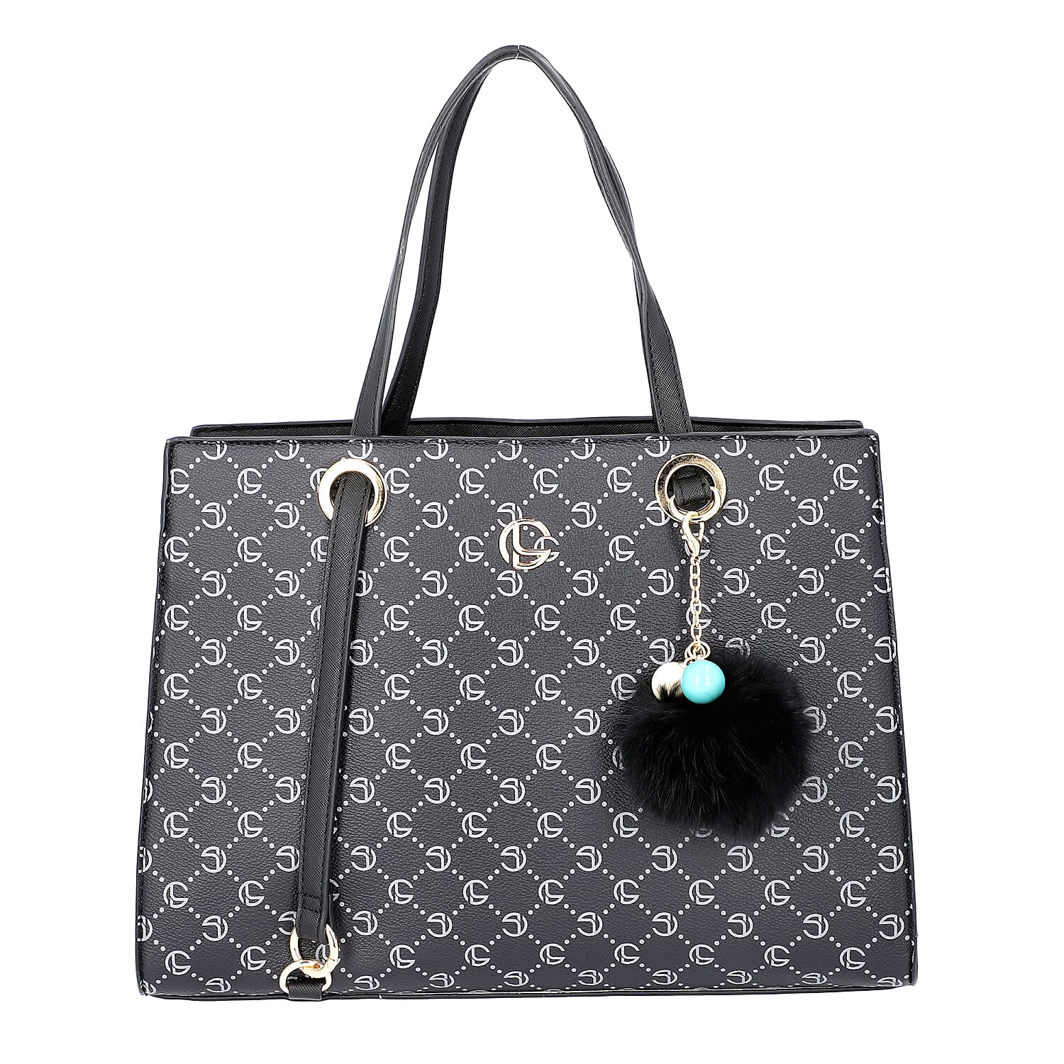 Lock Soul Black Faux Leather Tote Bag with Pompom with Adjustable Shoulder Strap