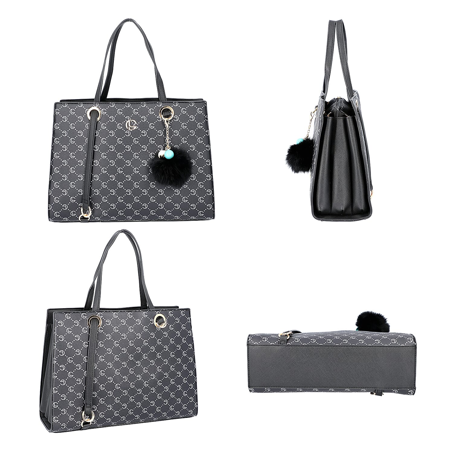 Lock Soul Black Faux Leather Tote Bag with Pompom with Adjustable Shoulder Strap