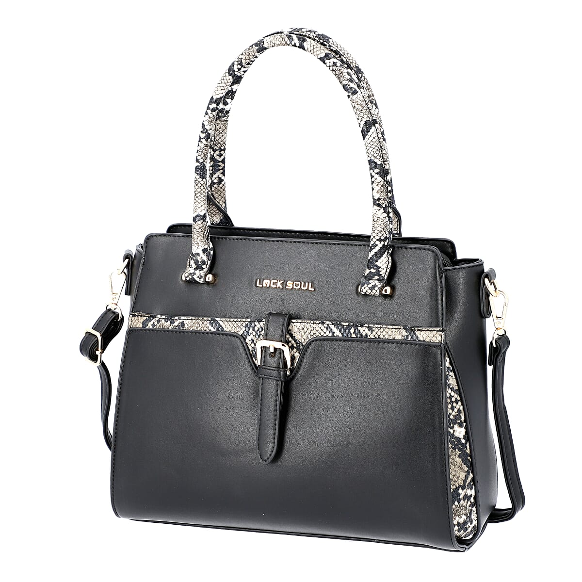 Black Faux Leather Snake Skin Print Tote Bag image number 3