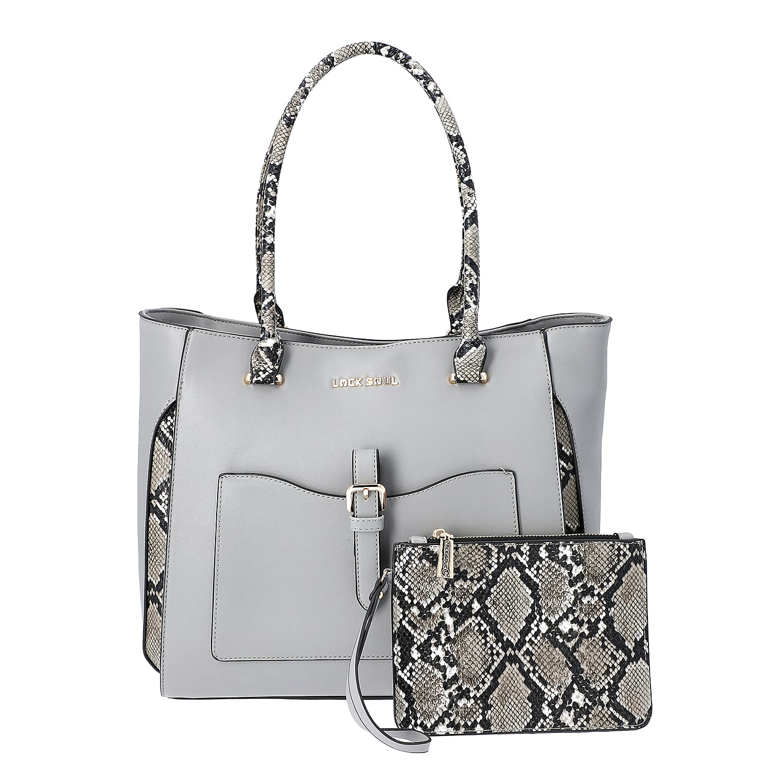Gray Faux Leather Snake Skin Print Tote Bag