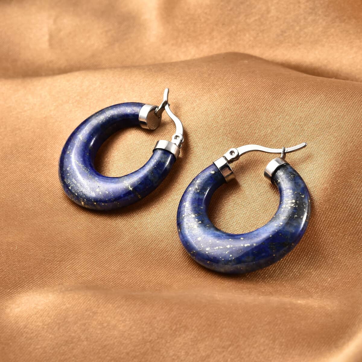 Lapis Lazuli Hoop Earrings in Stainless Steel 55.00 ctw image number 1