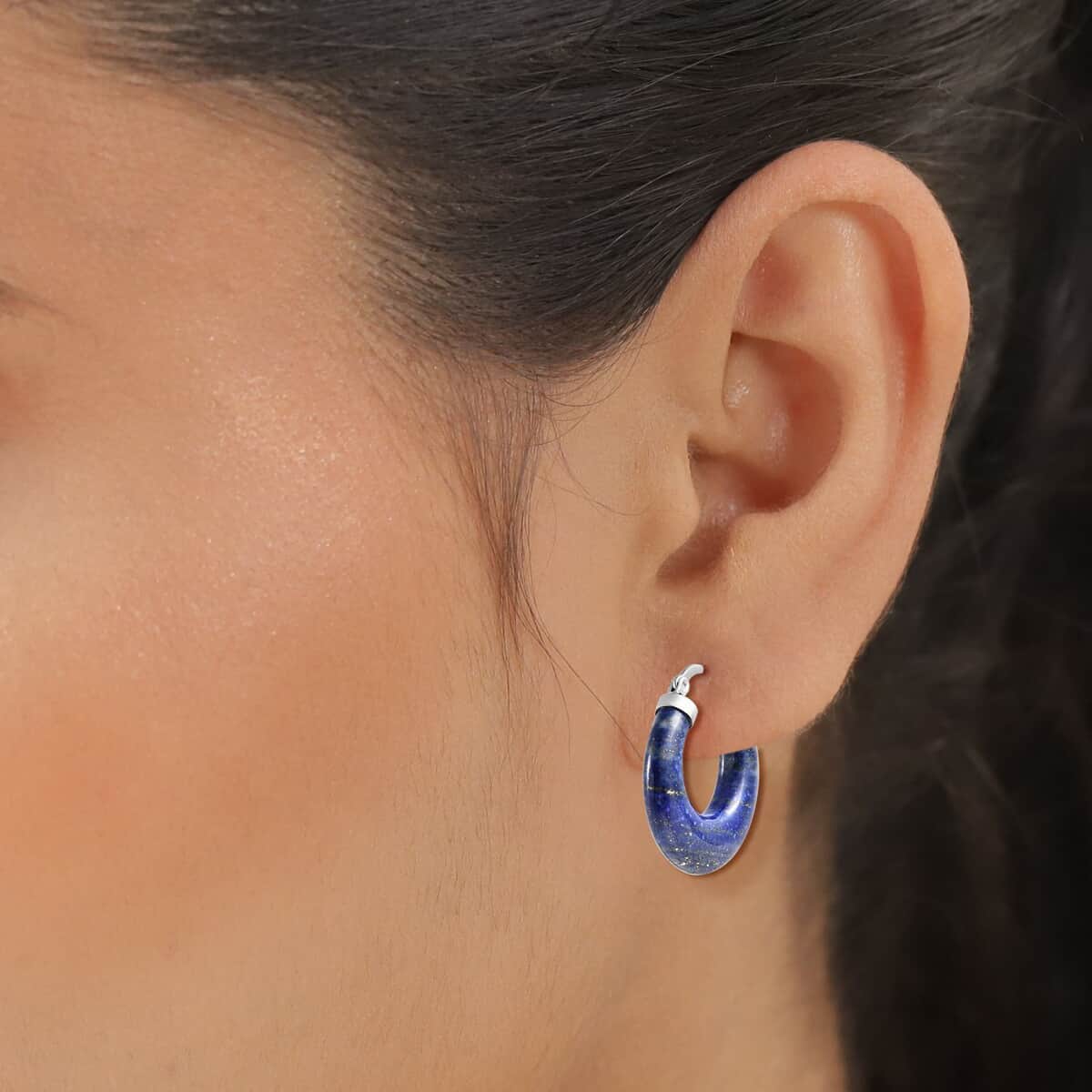 Lapis Lazuli Hoop Earrings in Stainless Steel 55.00 ctw image number 2